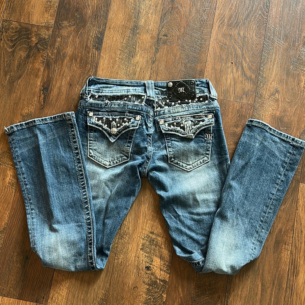 Miss Me size 28 low rise bot cut jeans black sequin